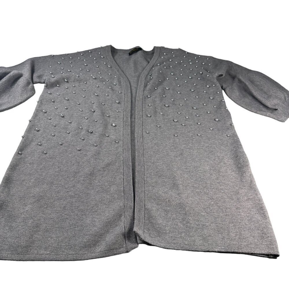 Christine Phillipe Pearl Studded Cardigan Women Sweater Balloon Sleeve Knit Grey